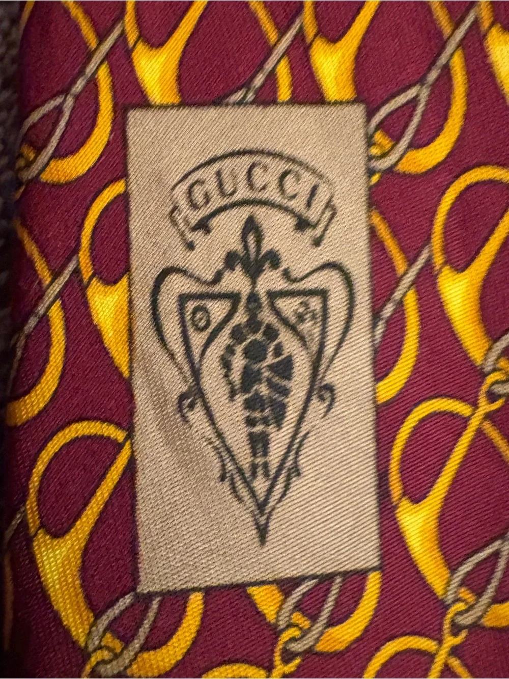Gucci Red Silk Tie with Yellow Interlocking Pattern